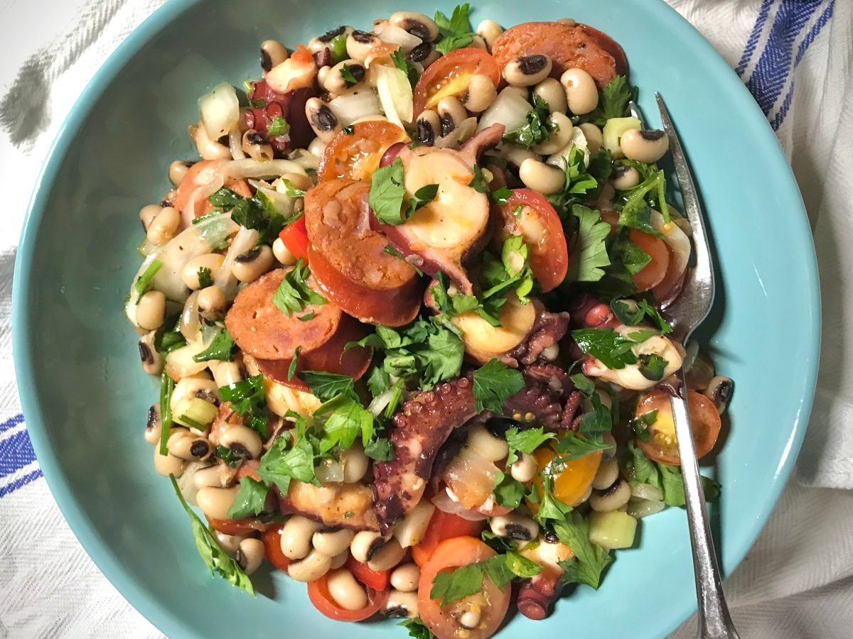 Grilled Octopus Salad with Black-eyed Peas and Linguiça (Mild Portuguese Sausage)